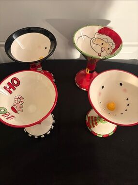 4 Festive Holiday Ceramic Martini Glasses - Red, Green, White
